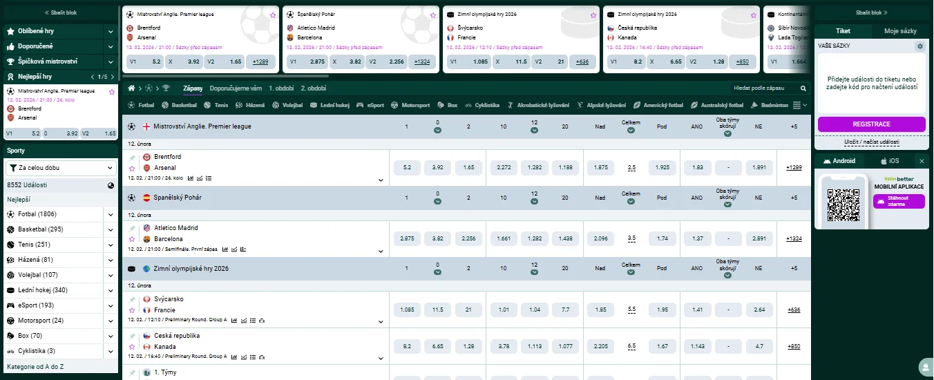 Rozhraní sportovních sázek SpinBetter s kurzy a tiketem