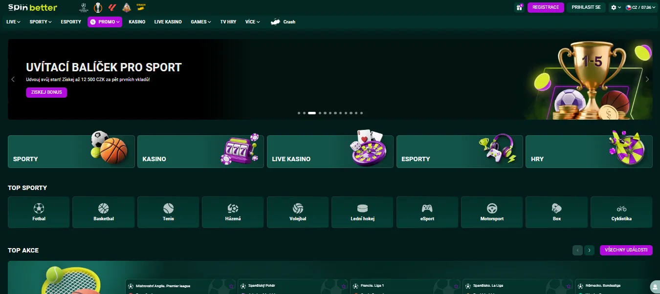 Hlavní stránka SpinBetter se sportovními sekcemi a esporty