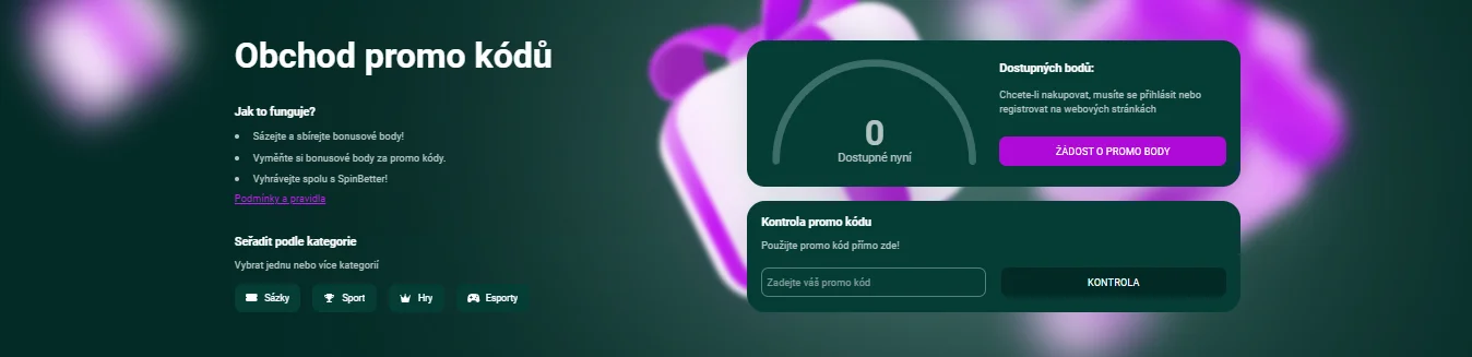 Obchod promo kódů na SpinBetter s bonusovými body a kategoriemi
