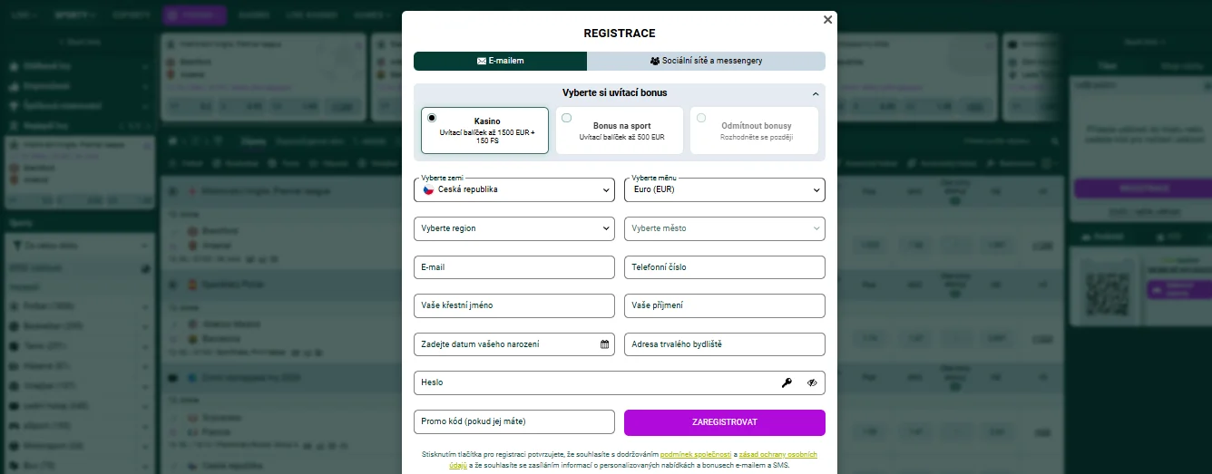 Registrační formulář SpinBetter s výběrem bonusu a promo kódem